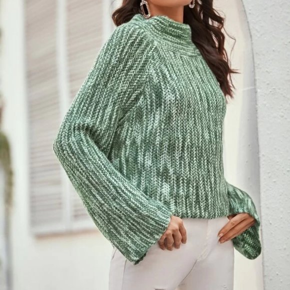 Green Bell Sleeve Sweater with Funnel Neck in S - Picture 3 of 3